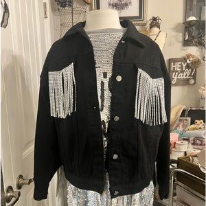 Customs made black denim bling fringe jacket